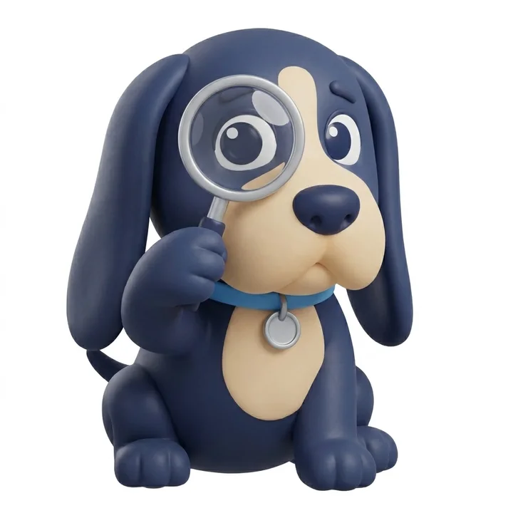 Houndeye's mascot, a navy hound peering through a magnifying glass