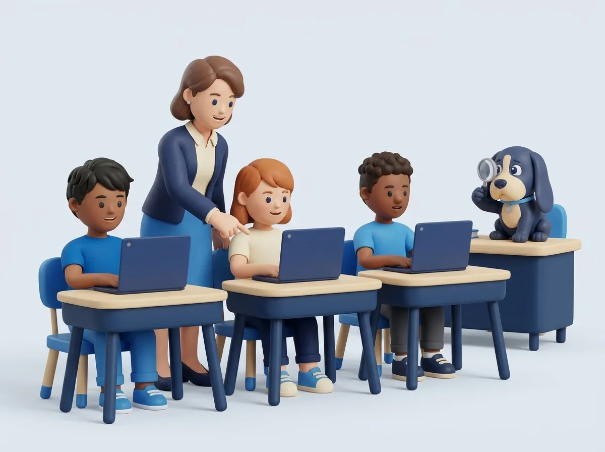 A teacher helps three students working on laptops while the Houndeye hound watches from a desk with its magnifying glass